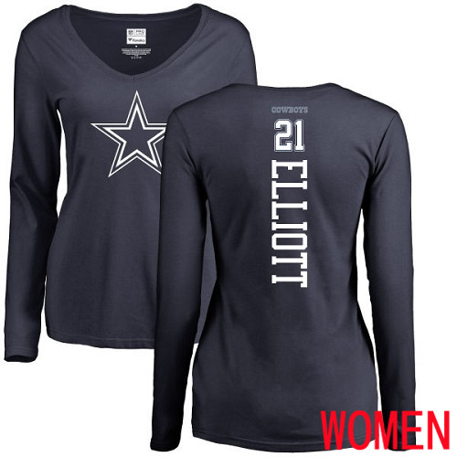 Women Dallas Cowboys Navy Blue Ezekiel Elliott Backer Slim Fit #21 Long Sleeve Nike NFL T Shirt->women nfl jersey->Women Jersey
